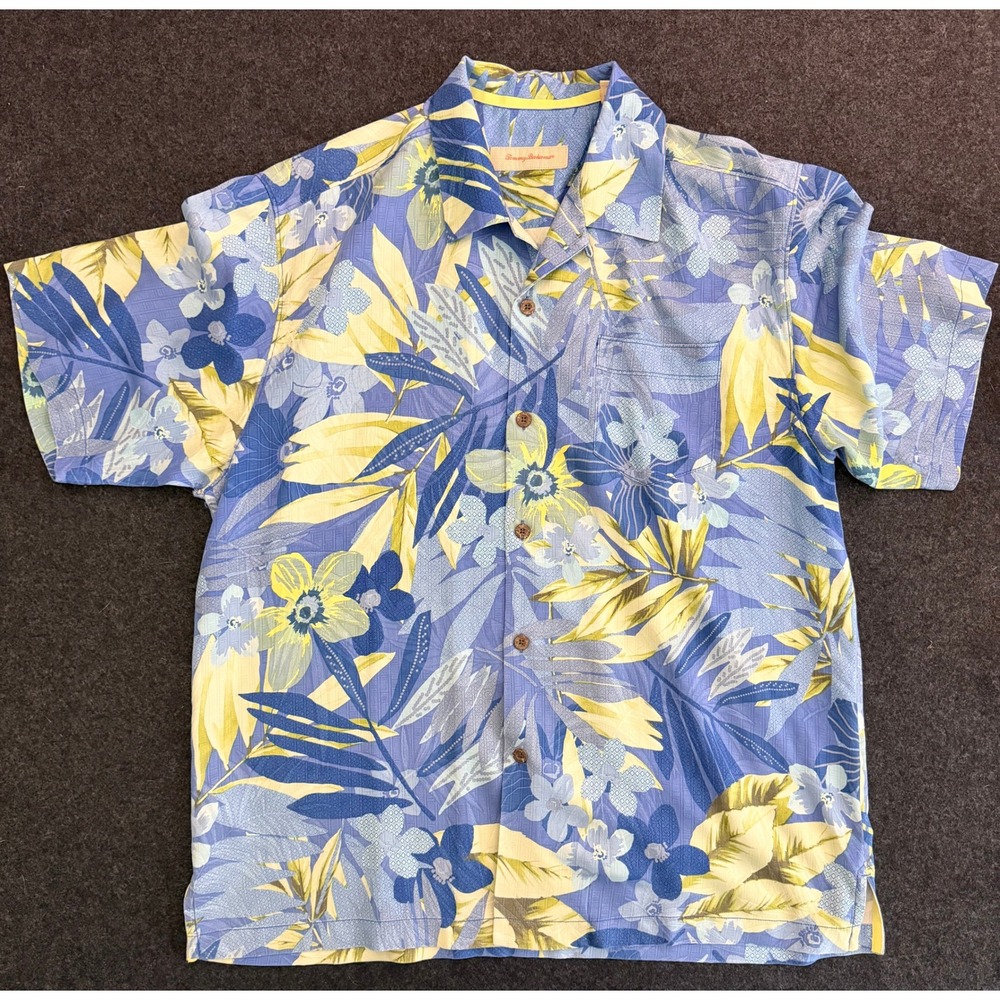 Tommy Bahama Mens Large 100% Silk Blue Yellow Floral Tropical Camp Shirt